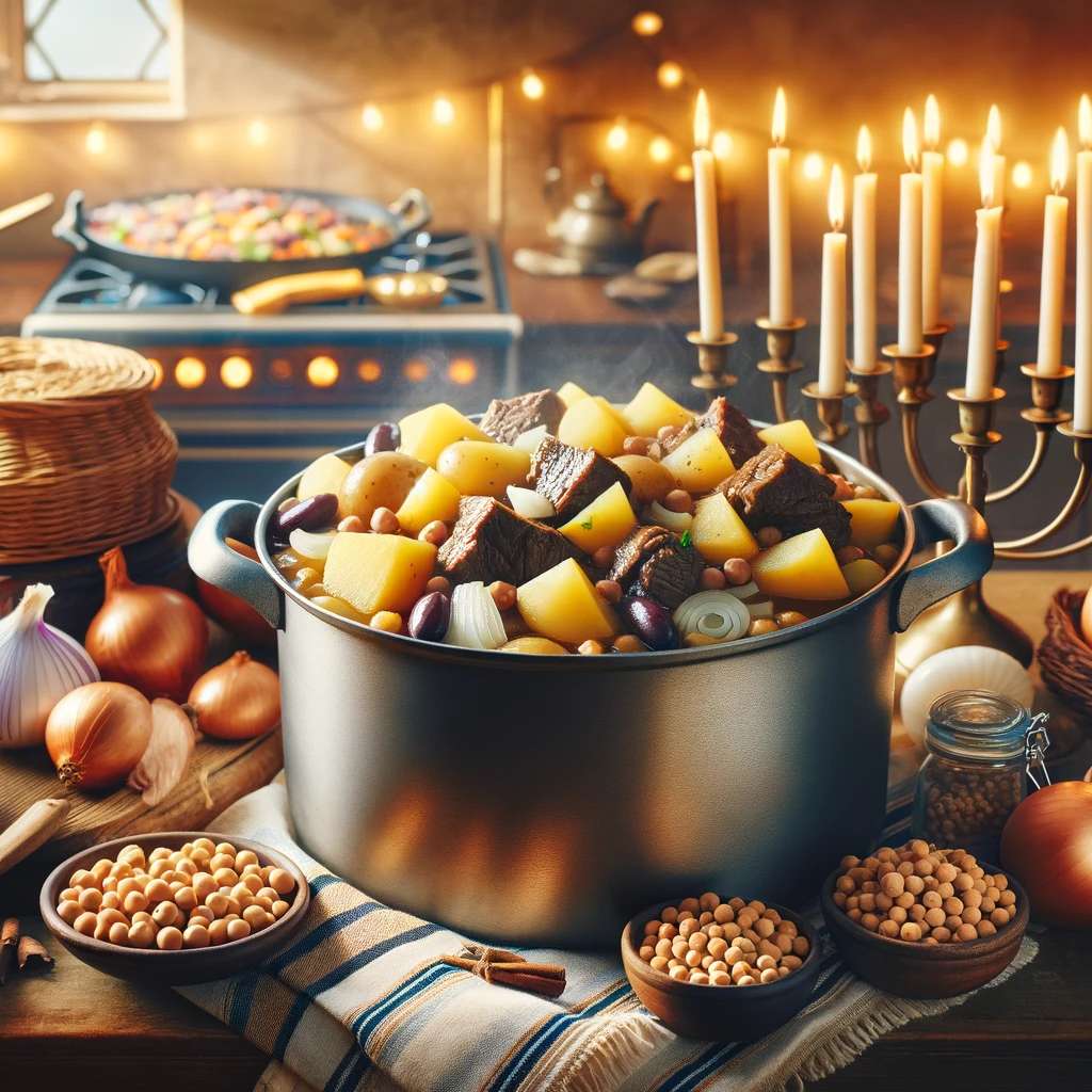 חמין בארוחת שבת יהודית ומסורתית עם נרות על השולחן
