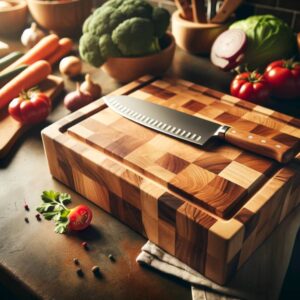 סכין שפים מונחת על בוצ'ר עבה במטבח עם מגוון מרכיבים לבישול